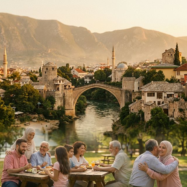 Bosnian community and Sarajevo skyline